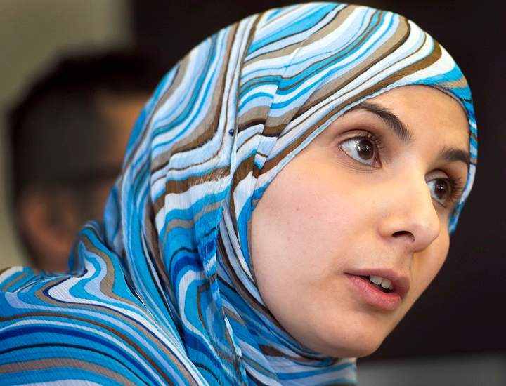 Kathy Malas, vice-president of the Canadian Muslim Forum, speaks to reporters at a news conference in Montreal on Friday, February 20, 2015.