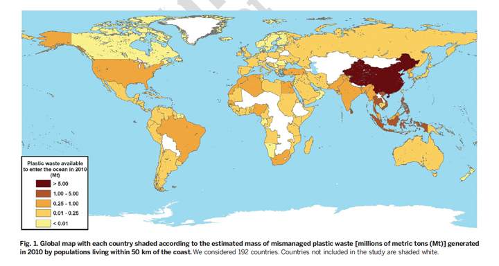 A map illustrating the estimated mass of plastic waste generated in 2010.