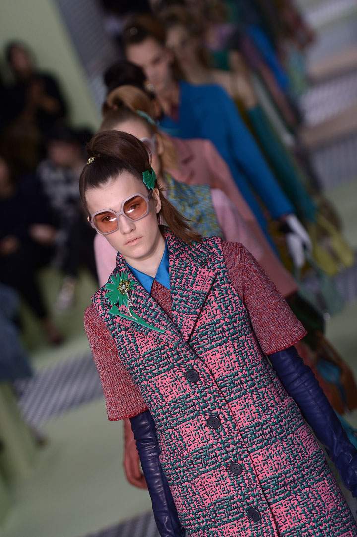 Models present creations for fashion house Prada at the women Fall / Winter 2015/16 Milan's Fashion Week on February 26, 2015.