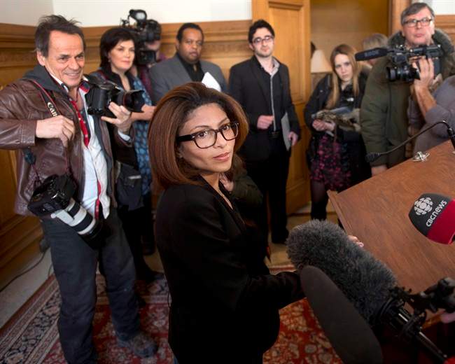 Ensaf Haidar, wife of blogger Raif Badawi, speaks to the media at a news conference in Montreal on Monday, February 23, 2015. 