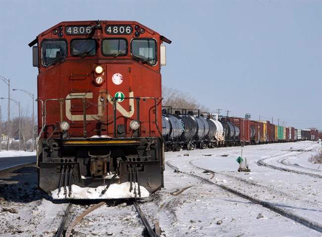 A Canadian National locomotive is seen Monday, February 23, 2015 in Montreal. 