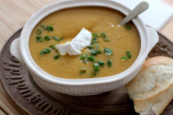 This Feb. 2, 2015 photo shows roasted garlic, turnip and sweet potato soup in Concord, N.H.