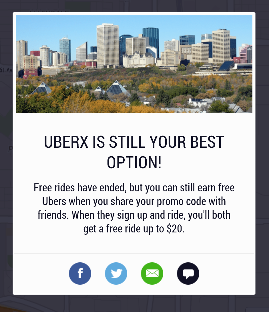 The message Edmonton Uber users were greeted with following the end of free rides.
