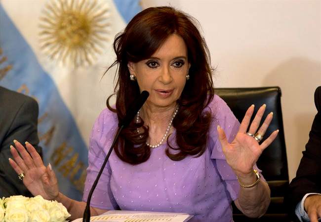 In this Feb. 11, 2015 file photo, Argentina's President Cristina Fernandez speaks during an event announcing new government projects at the government palace Casa Rosada, in Buenos Aires, Argentina.