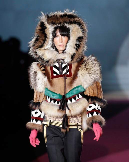 A model wears a creation for DSquared2 women's Fall-Winter 2015-2016 collection, part of Milan Fashion Week, unveiled in Milan, Italy.