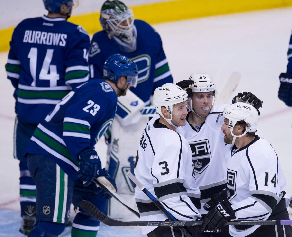 Los Angeles Kings right wing Justin Williams celebrates his goal during the second period of NHL action against the Vancouver Canucks. 
