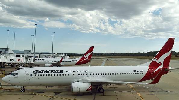 This picture taken on February 23, 2015 shows a Qantas plane leaving a departure gate at Melbourne International Airport.  