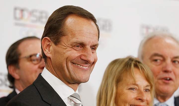 Alfons Hoermann, President of the German Olympic Sports Confederation DOSB smiles as he makes a statement to the media, after a meeting in Frankfurt, Germany, Monday, March 16, 2015. 