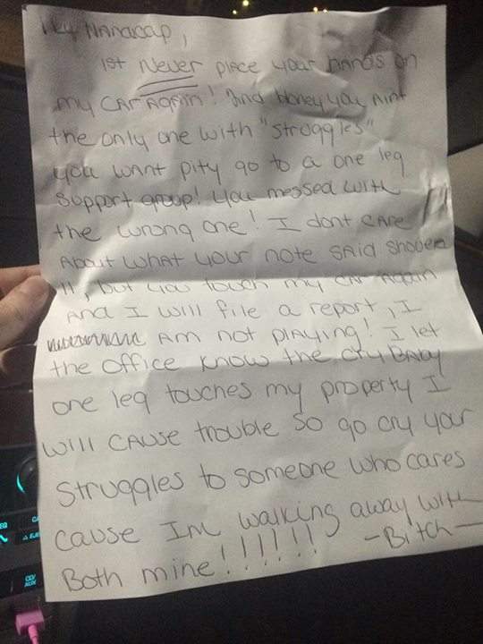 Amputee called a ‘crybaby one leg’ in handicapped parking spot dispute - image