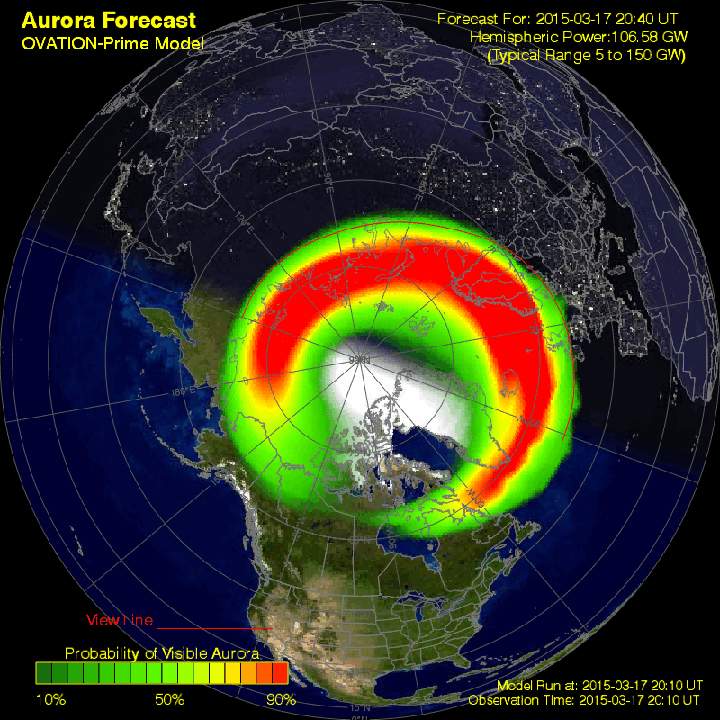 This map shows where you can see the northern lights. As you can see, as of 4 p.m. EST they were still being seen significantly south. As we near darkness and the Earth continues to rotate, that area will extend over Canada.