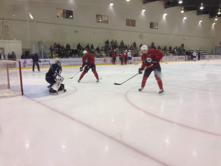 Dustin Byfuglien (left) and Tyler Myers at MTS Iceplex on Monday, March 16, 2015.