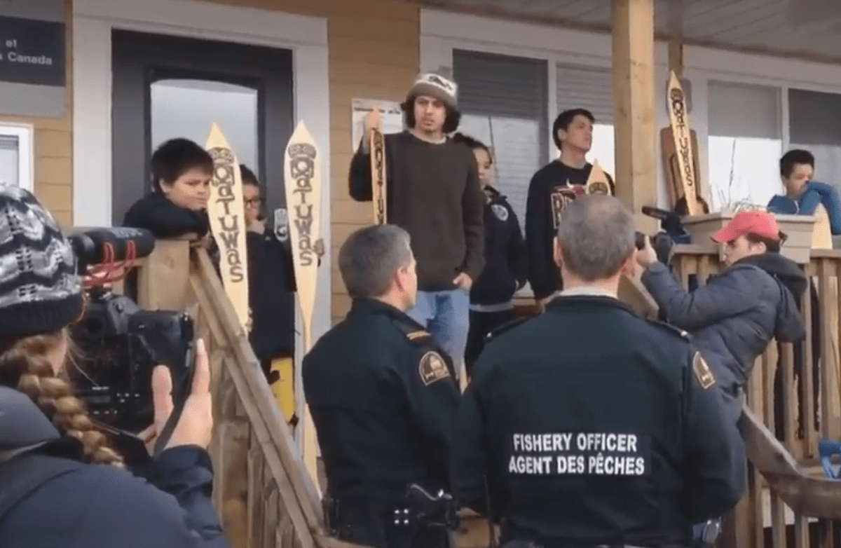 Members of the Heiltsuk Nation occupy the DFO building at Denny Island on March 29, 2015.
