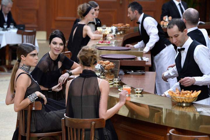 Cara Delevingne and Kendall Jenner seen during the Chanel show as part of the Paris Fashion Week Womenswear Fall/Winter 2015/2016 on March 10, 2015 in Paris, France.