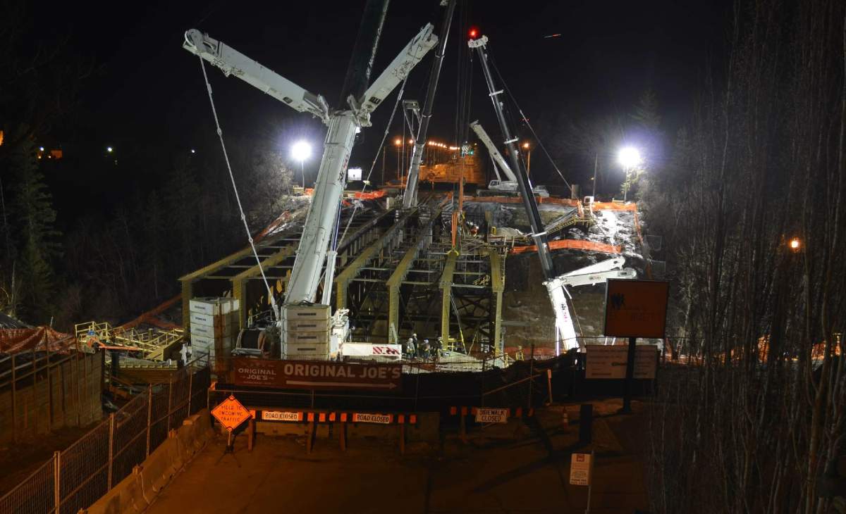 2 a.m. view of the 102 Avenue bridge replacement over Groat Road. The girders are still straight.