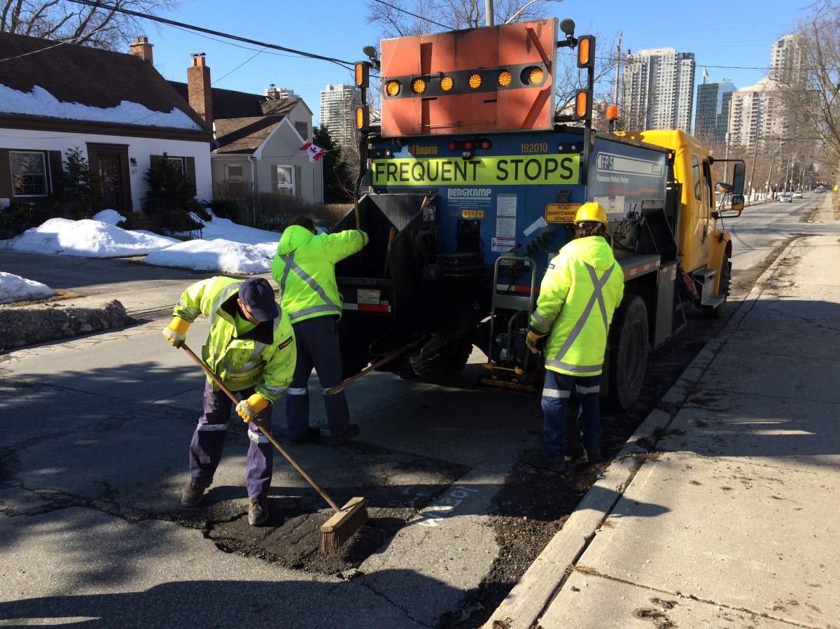 City of Toronto road operations crew fill potholes during an annual blitz in 2015.