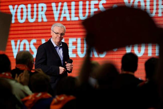 Premier Greg Selinger gives his candidate speech during the 2015 NDP leadership convention. 