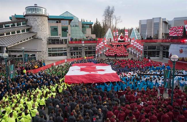 Athletes from every province and territory in Canada are seen during the closing ceremonies at the Canada Winter Games in Prince George, B.C. 