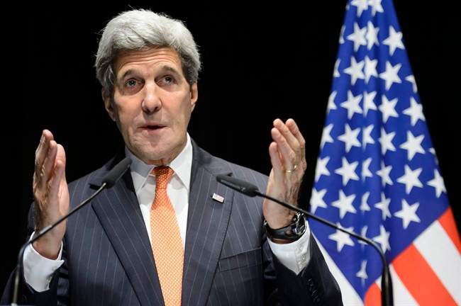 U.S. Secretary of State John Kerry speaks during a news conference after bilateral meetings with Iranian Foreign Minister Mohammad Javad Zarif about Iran's nuclear program , in Lausanne, Switzerland, at the Olympic Museum, Saturday, March 21, 2015.