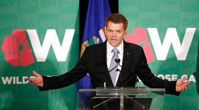 Newly elected Wildrose Leader Brian Jean speaks after winning the party leadership vote in Calgary, Alta., Sat., March 28, 2015.