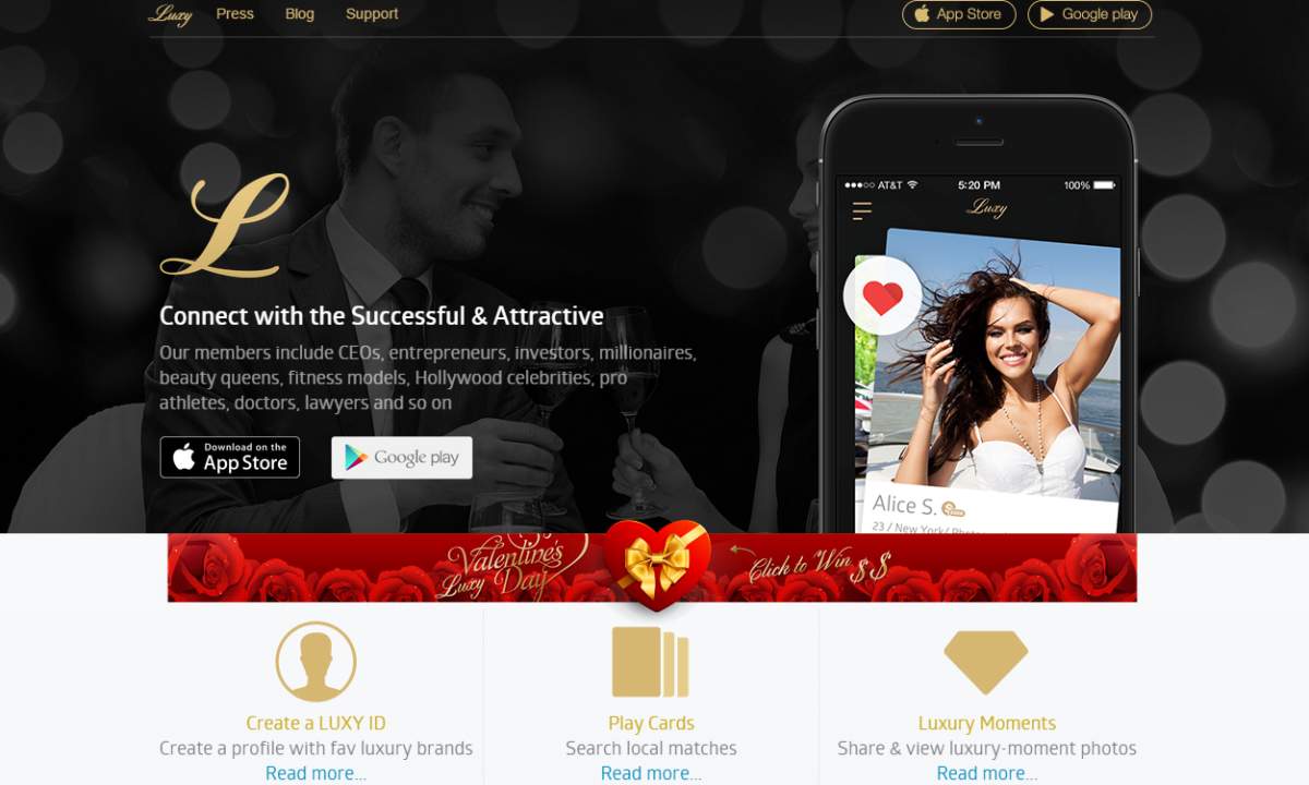 A screengrab from Luxy’s website shows it’s attempt to appeal to high-priced clientele.
