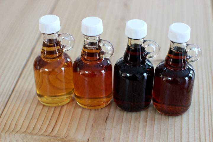 This March 9, 2015 photo shows a maple syrup sampler Grade A Light Amber, Grade A Medium Amber, Grade A Dark Amber, Grade B in Concord, NH.
