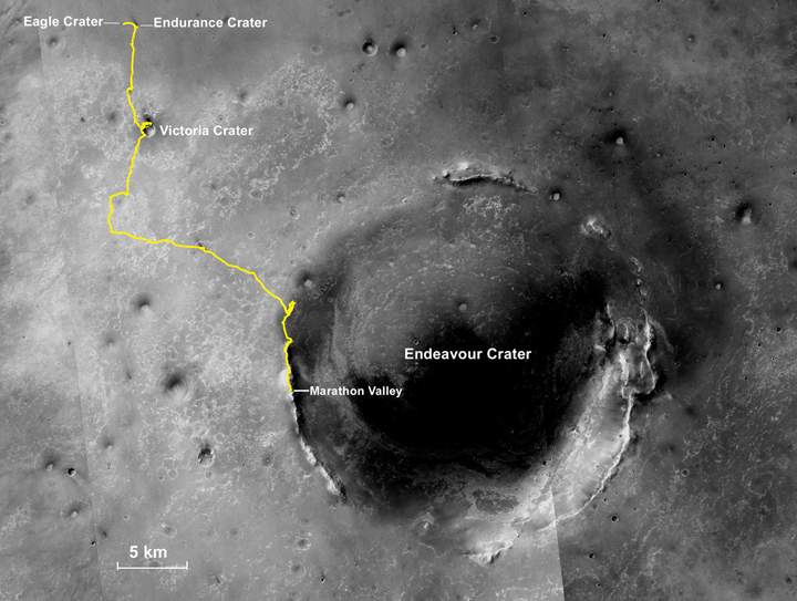 NASA's Mars Exploration Rover Opportunity, working on Mars since January 2004, passed marathon distance in total driving on March 24, 2015, during the mission's 3,968th Martian day, or sol. 