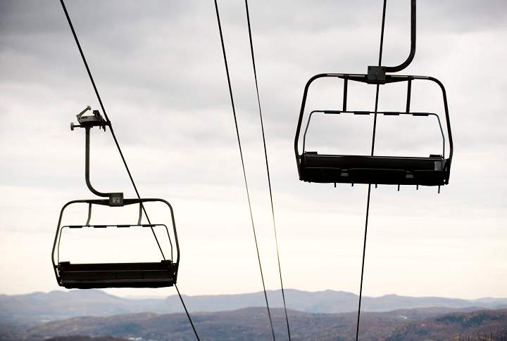 Chair lifts hang over the Laurentian mountains at Mont Tremblant, Que.