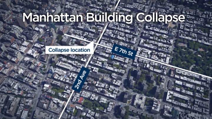 The location of a building fire and partial collapse in Manhattan, New York, on Mar. 26, 2015.