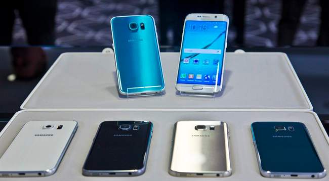 Samsung's two new phones, the Galaxy S6, top left, and the Galaxy S6 Edge, to right.