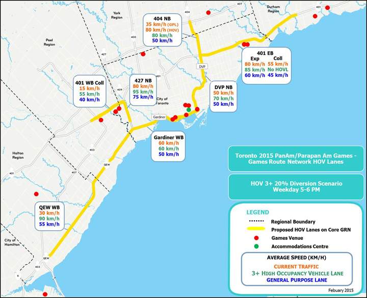An Ontario government handout shows the expected drive times along major highways during the Pan Am Games