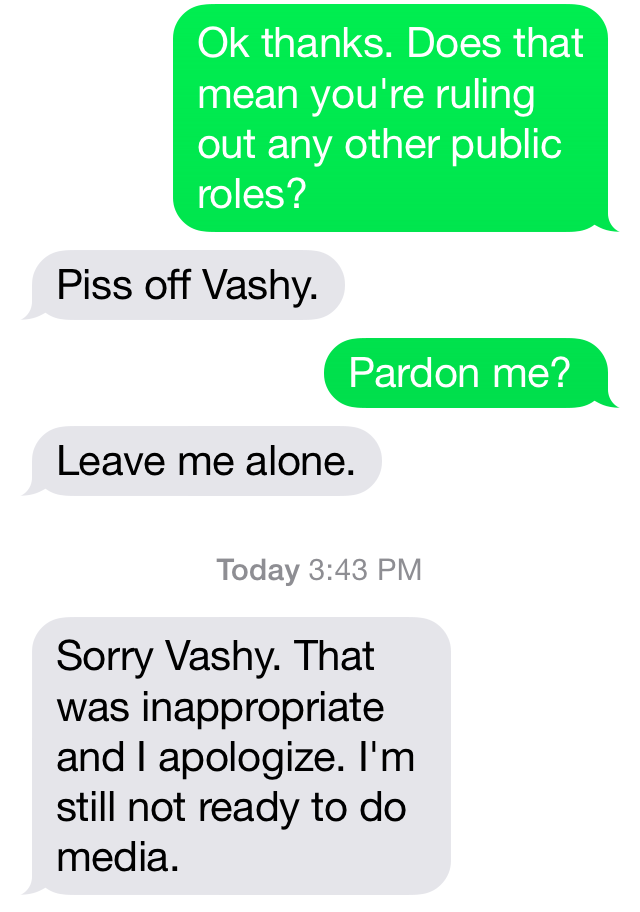 Global News reporter Vassy Kapelos’ text message exchange with former Wildrose leader Danielle Smith.