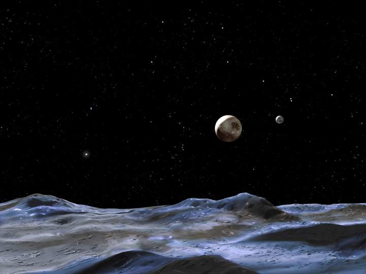 An artist’s concept of the view of Pluto and Charon as seen from one of its smaller moons.