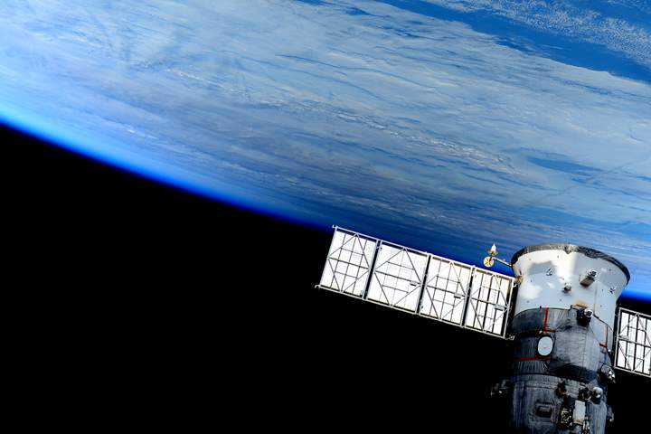 The moon casts a shadow across Earth during the solar eclipse on March 20, 2015. Astronaut Samantha Cristoforetti took this image from the International Space Station.