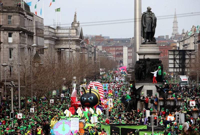 The Dublin St Patrick’s day parade, makes its way down O’Connell Street towards St Patrick’s Cathedral.