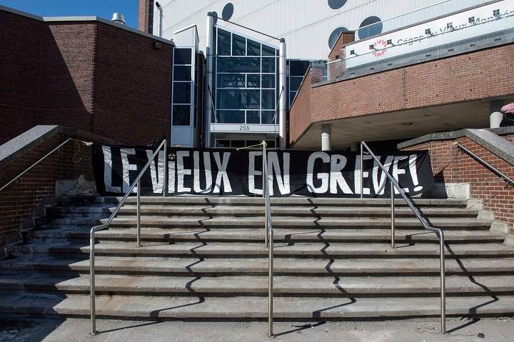 The main entrance of the Cegep du Vieux Montreal is blocked by a banner on the first day of a student strike Monday, March 23, 2015 in Montreal.