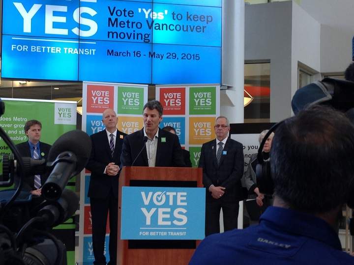 Vancouver mayor Gregor Robertson at the vote yes campaign in full swing at Douglas College.