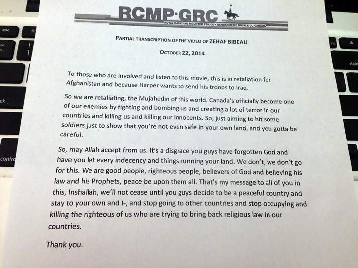 A partial transcript of the video made by Michael Zehaf Bibeau last October.