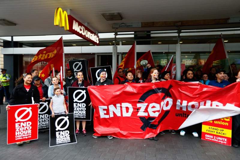 Protestors picket outside McDonalds in Britomart on April 15, 2015 in Auckland, New Zealand. McDonald’s workers will join thousands of fast-food workers in an International Day Of Action protesting zero-hours contracts.