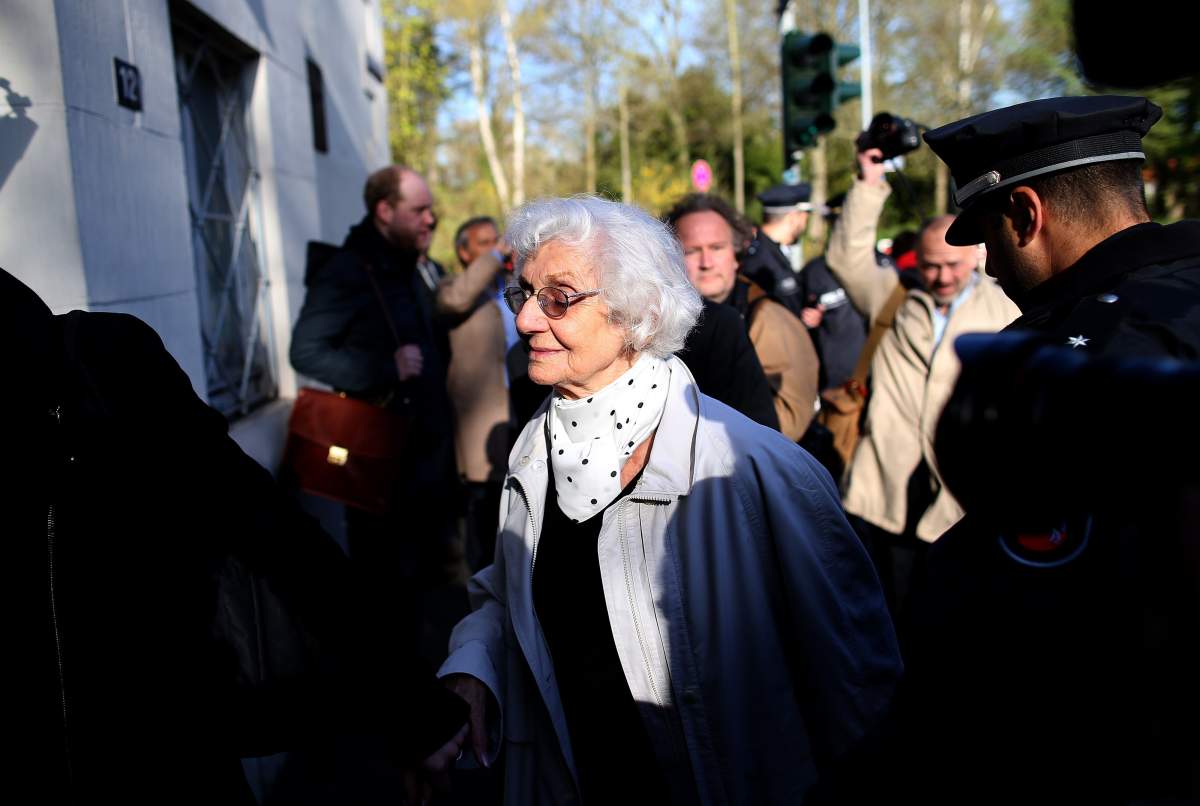 Auschwitz survivor Eva Pusztai-Fahidi arrives ahead to a trial of former Nazi death camp officer Oskar Groening on April 21, 2015 at a court in Lueneburg,  Germany.