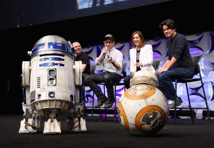 Droid builder Oliver Steeples, director J.J. Abrams, producer Kathleen Kennedy and moderator Anthony Breznican with R2-D2 and BB-8 onstage during Star Wars Celebration 2015 on April 16, 2015 in Anaheim, California.