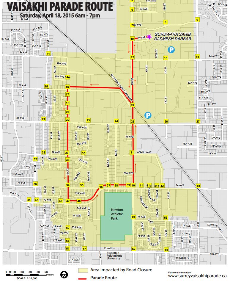 The areas impacted by road closures at the Vaisakhi Parade.