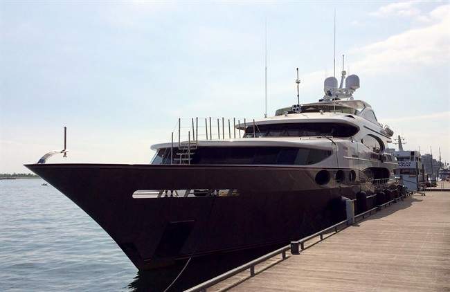 The "Destination Fox Harb'r Too" owned by Tim Hortons chain co-founder Ron Joyce, is seen Aug. 22, 2014, on the Toronto waterfront.