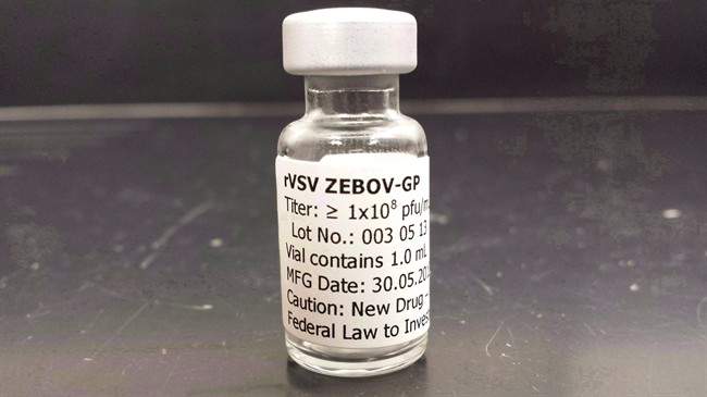 A vial of the Canadian-made Ebola vaccine VSV-ZEBOV, is pictured in a recent photo. THE CANADIAN PRESS/HO, Walter Reed Army Institute of Research - Col. Shon Remich.