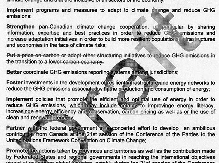 Global News obtained a draft of the premiers’ declaration at the Climate Change Summit in Quebec City on Tuesday showing the section on carbon pricing was crossed out.