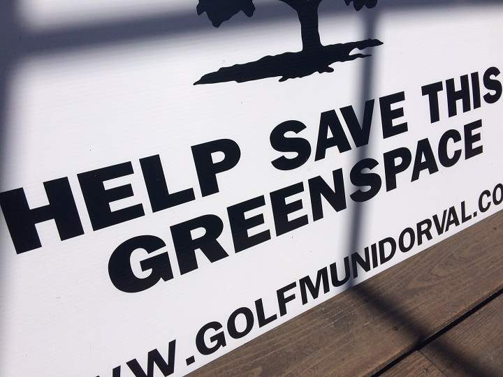 A sign created to raise awareness about saving the Dorval Municipal Golf Club on April 16, 2015.