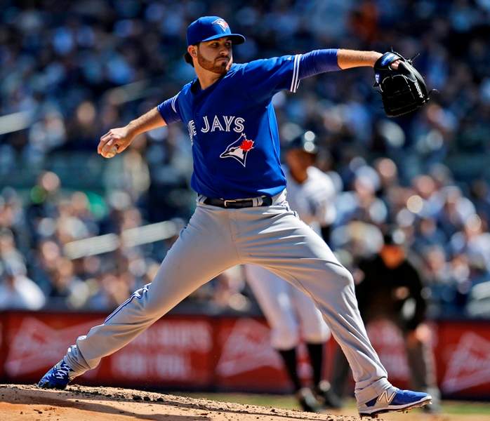 Toronto Blue Jays starting pitcher Drew Hutchison pitches during the third inning of the baseball game against the New York Yankees at Yankee Stadium, Monday, April 6, 2015 in New York.