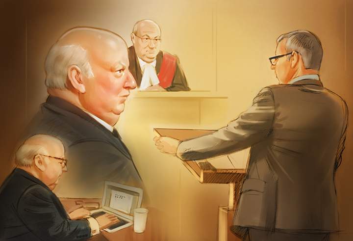 Suspended senator Mike Duffy appears in an Ottawa courtroom for the first day of his fraud and bribery trial, Tuesday, Apr.7, 2015.