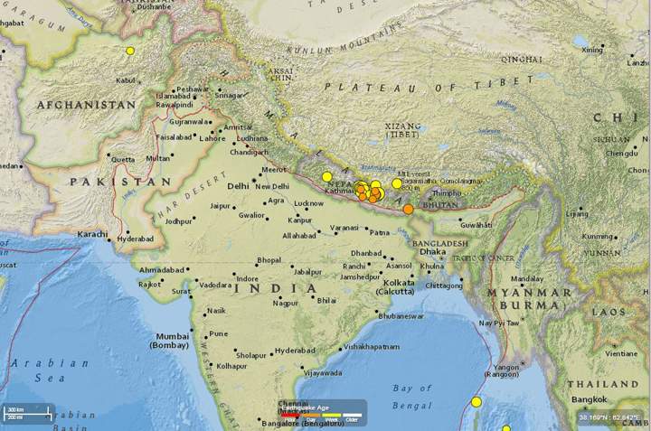 This image shows all earthquakes in the Nepal region with a magnitude of 2.5 and higher from April 20-27, 2015.