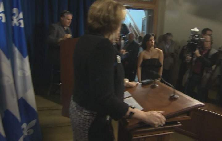 Concerned about access to abortion, a topless activist staged a dramatic interruption at a news conference held by Quebec’s culture minister on April 30, 2015.