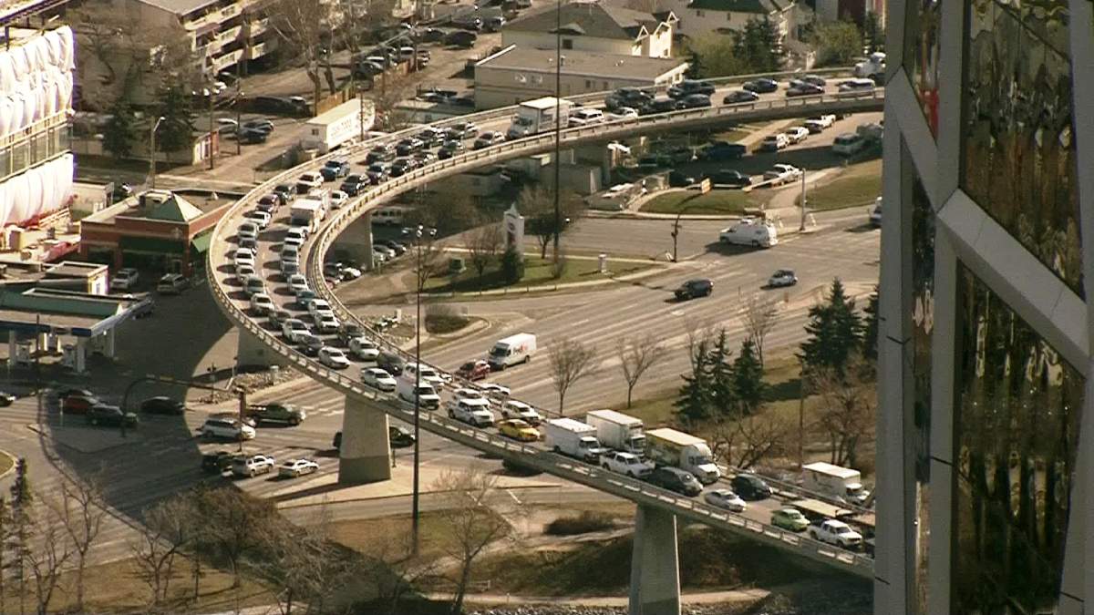 Traffic backups on the 4th Avenue flyover into downtown Calgary, due to a police incident on April 5, 2015.